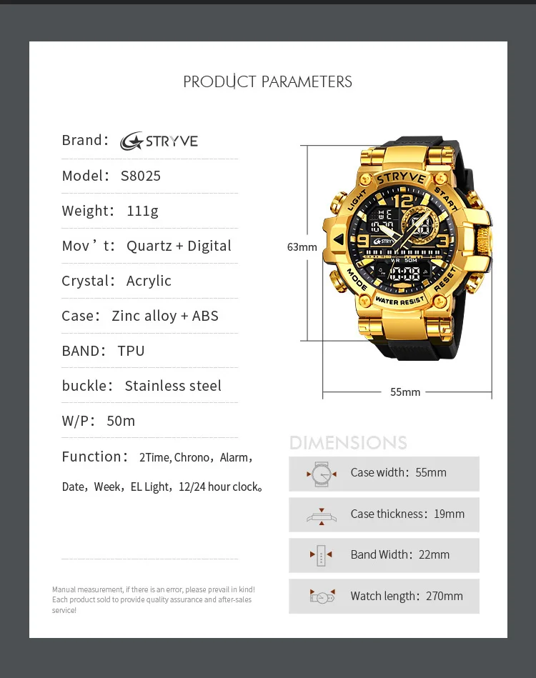 STRYVE Herrenuhren, modische elektronische Uhren für Herren, Top-Marke STRYVE 8025, Outdoor-Sportuhr mit Kalender, Chronograph – Detail 15