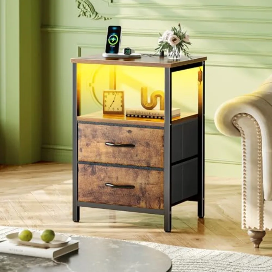 Night Stand with Charger Station and LED Lights, 2 Drawer Nightstand, Bed Side Table with Open Shelf, End Table, Fabric Dresser