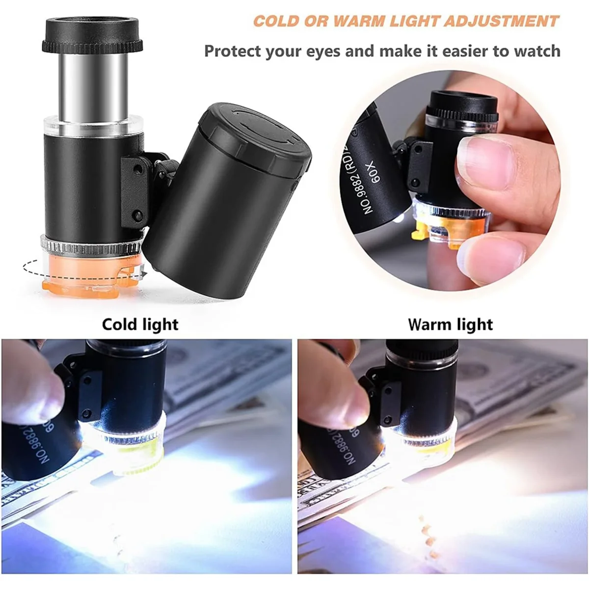 Mini microscope de poche 60X, loupe oculaire pour bijoutiers avec lumière UV LED, loupe portable pour bijoux diamant gemme-A