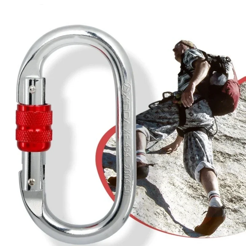 1pcs Outdoor Climbing Carabiner O-Shape Screw Lock Spring-loaded Gate Hook 25kN Safety Buckle Steel Lock Climbing Equipment