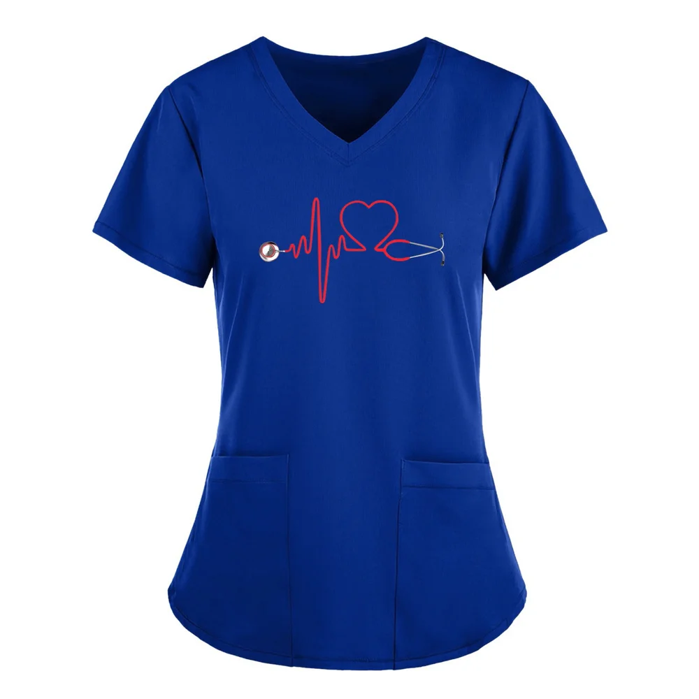 Summer Women's Clothing With Stethoscope Pattern Short Sleeved V-Neck Fashion Frosted Tops Uniform Short Sleeve Doctor Nurse New image 2