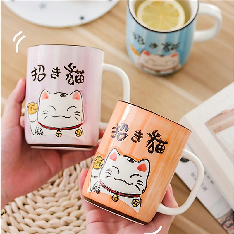 Ceramic Mug Japanese Cartoon Lucky Cat Water Cup High Capacity Home Kitchen Office Water Ware Drinkware 400ML Coffee Tea Cup