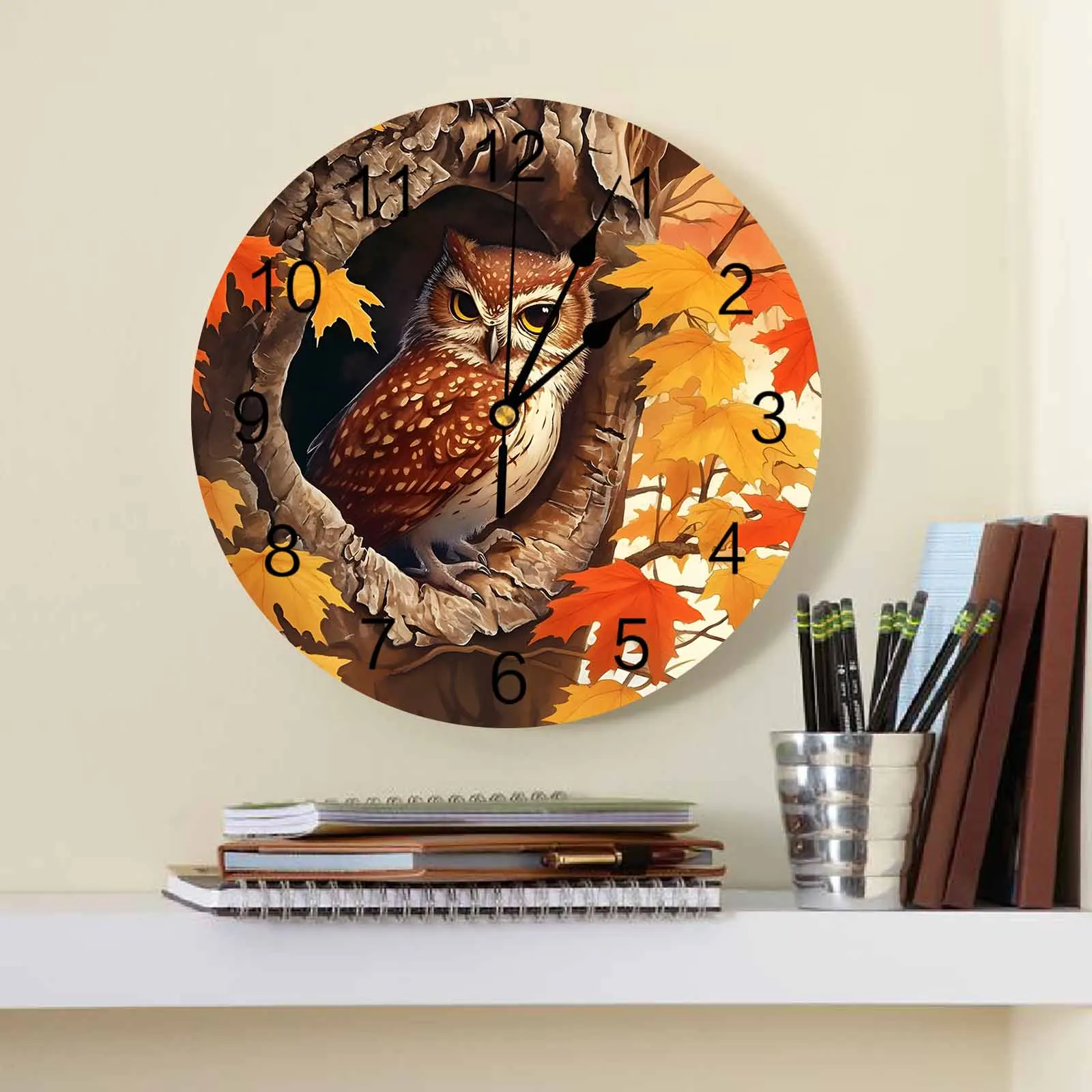 Autumn Maple Owl Printed Wall Clock Modern Silent Clock Living Room Home Decor Wall Hanging Watch