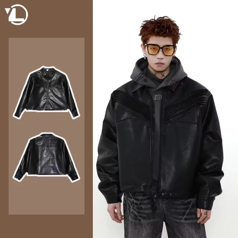 Harajuku Motorcycle PU Leather Jacket Mens Spring New Punk Shoulder Pads  Loose Coats Japanese Streetwear Trendy Male Outwear