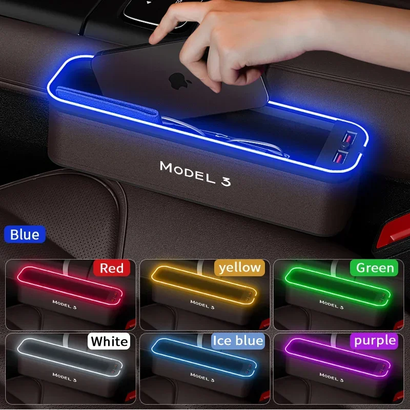 Car Interior LED 7-Color Atmosphere Light Sewn Chair Storage Box For Tesla Model 3 Auto Universal USB Storage Box Accessories