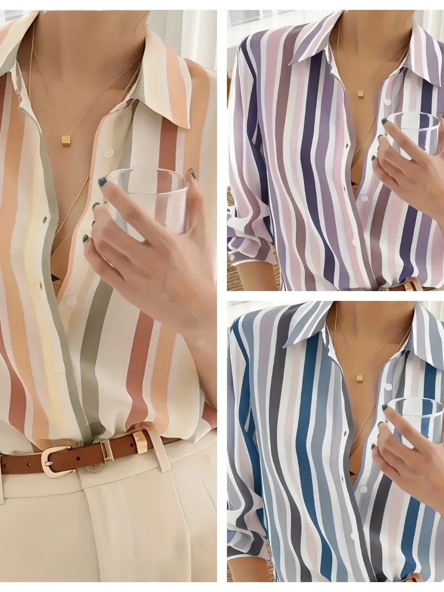

Rainbow Striped Long Sve Chiffon irt Ele Sle Loose Fit Polyester Fabric Collar Open Cardigan for Young Women