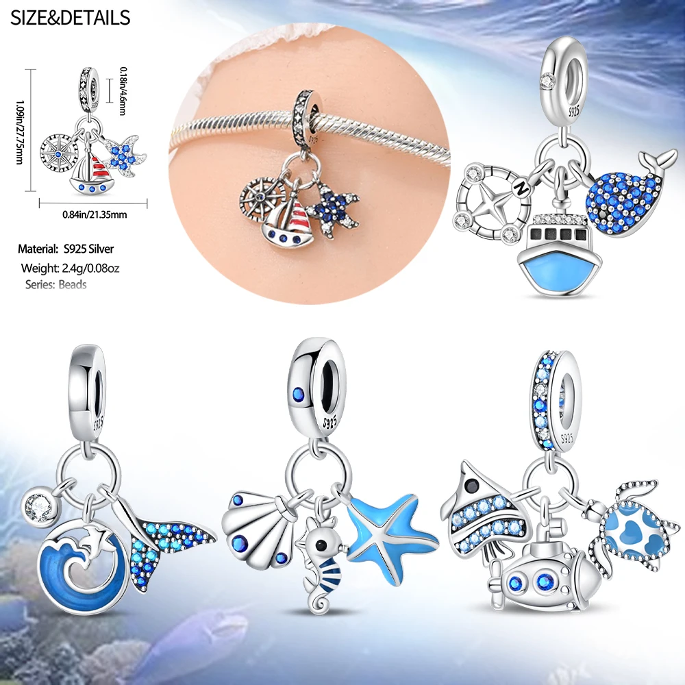 Fashion 925 Sterling Silver Sailor&Whale&Wave 3-Piece Combination Charm Fit DIY Bracelet Necklaces Maritime Travel Jewelry