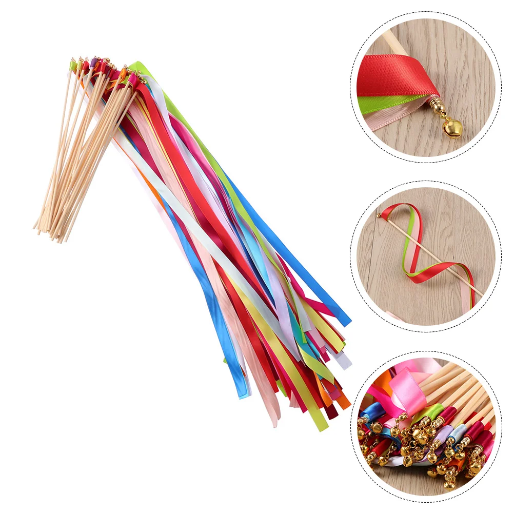 20 Pcs Ribbon Fairy Wand Glow Sticks Streamer Wands with Bells Mini Ribbons Streamers Wedding Fabric Party Bridesmaid Dancing