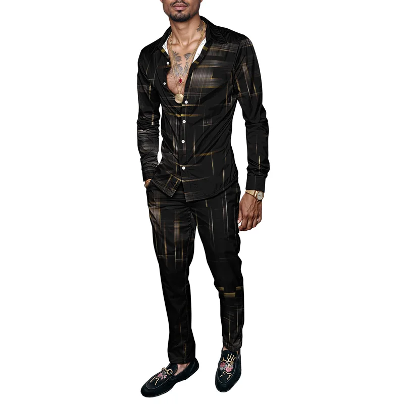 

2025 Spring Summer Men Shirt Set Geometry Print Fashion Simple 2 Piece Mens Gradient Lightweight Party Long Sleeves Ropa Hombre