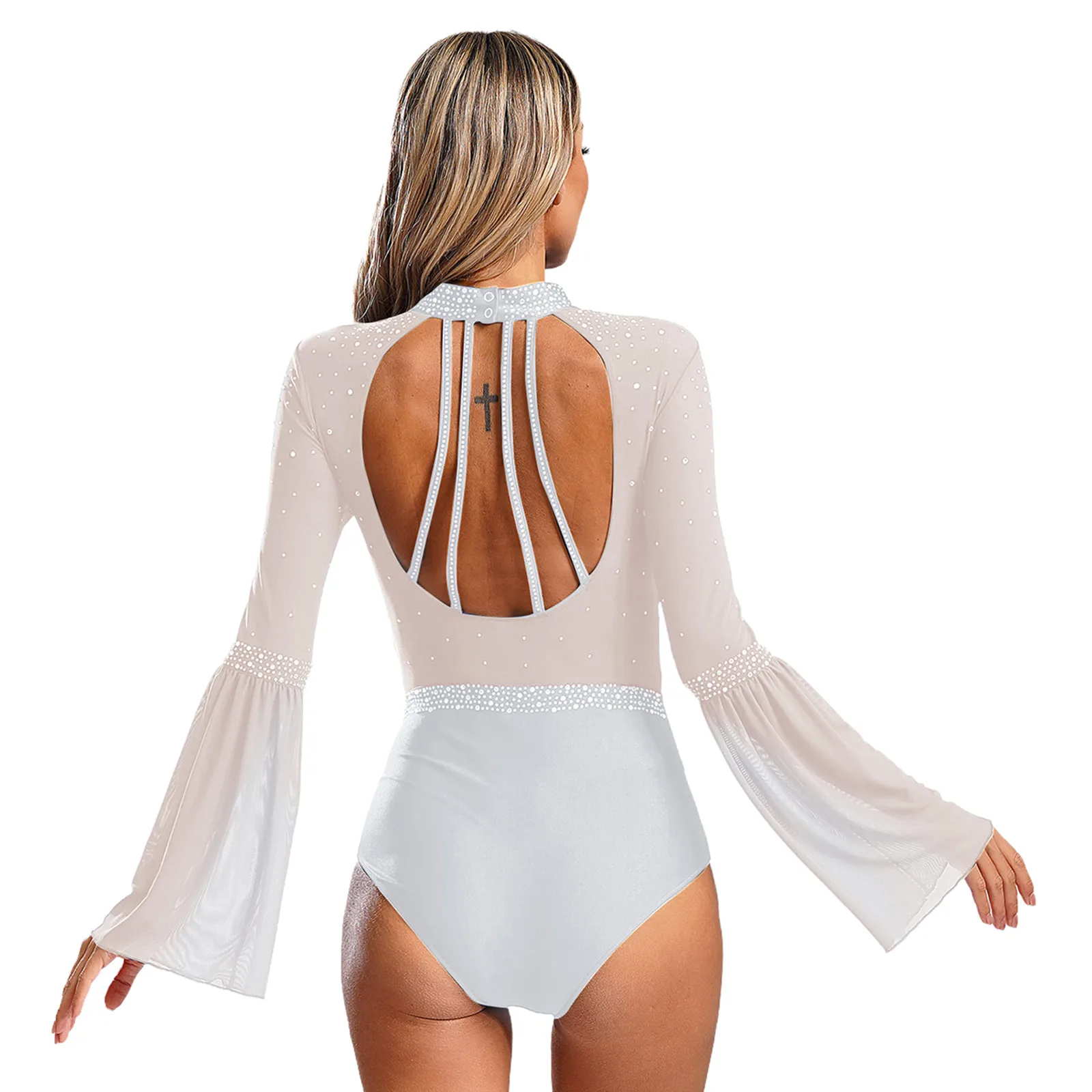 Damen Eiskunstlauf Rhythmische Gymnastik Performance Kostüm Flare Sleeve Sparkly Strass Ballett Tanz Trikot Tanzbekleidung – Detail 32