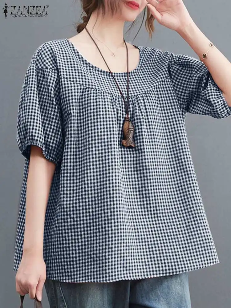 ZANZEA Fashion Summer Half Sleeve O Neck Blouse Women Grid Printed Shirt Pleated Blusas Elegnat Work Tops Casual Loose Chemise