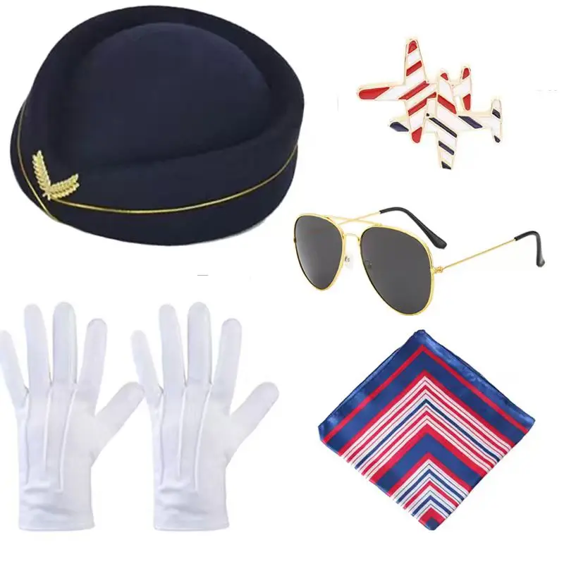 Stewardess Role Play Costume Accessories Set for Women Scarf Hat Gloves Brooch Glasses Case Party Dress Up Outfit