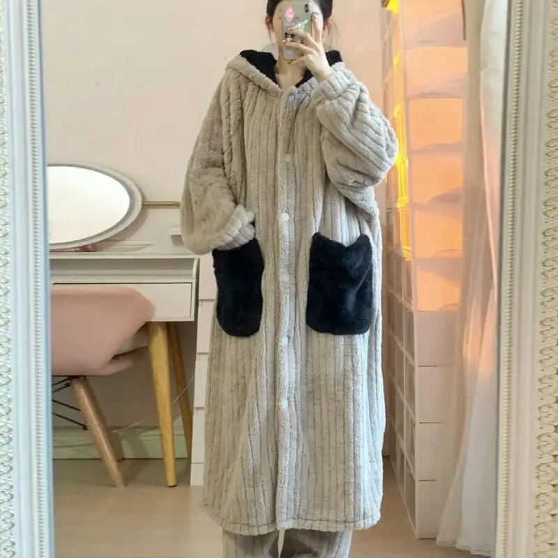 Women's Clothing Coral Fleece Robe Winter Sweet Thicken New Model Long Style Nightdress Pajamas Wearable As Outerwear Homewear