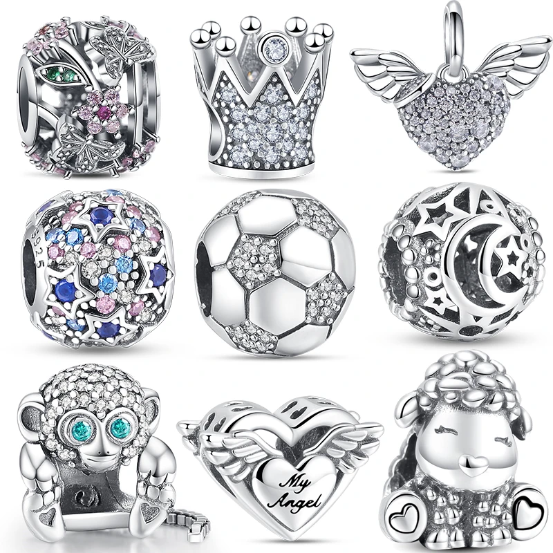 

Fit Original Pandora Charms Bracelet DIY Jewelry Gift 925 Silver Football Love Heart Wings Crown Monkey Unicorn Star Fine Beads