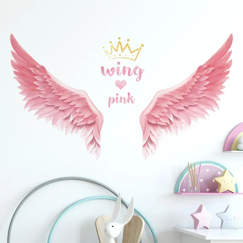 Pink Wings Crown Anime Wall Stickers For Kids Room Decoration Girl Room Decortion Wall Decor Bedroom Accessories Home Decor