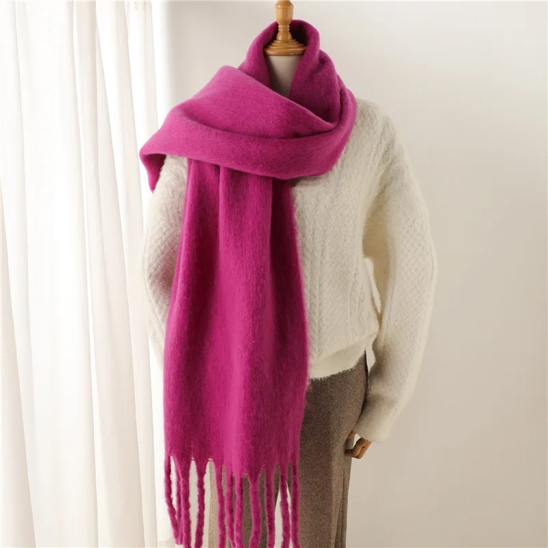 Winter Cashmere Neck Scarves Women Warm Mohair Shawl Solid Wool Color Scarf For Ladies Fashion Knitted Scarves With Tassels 2024