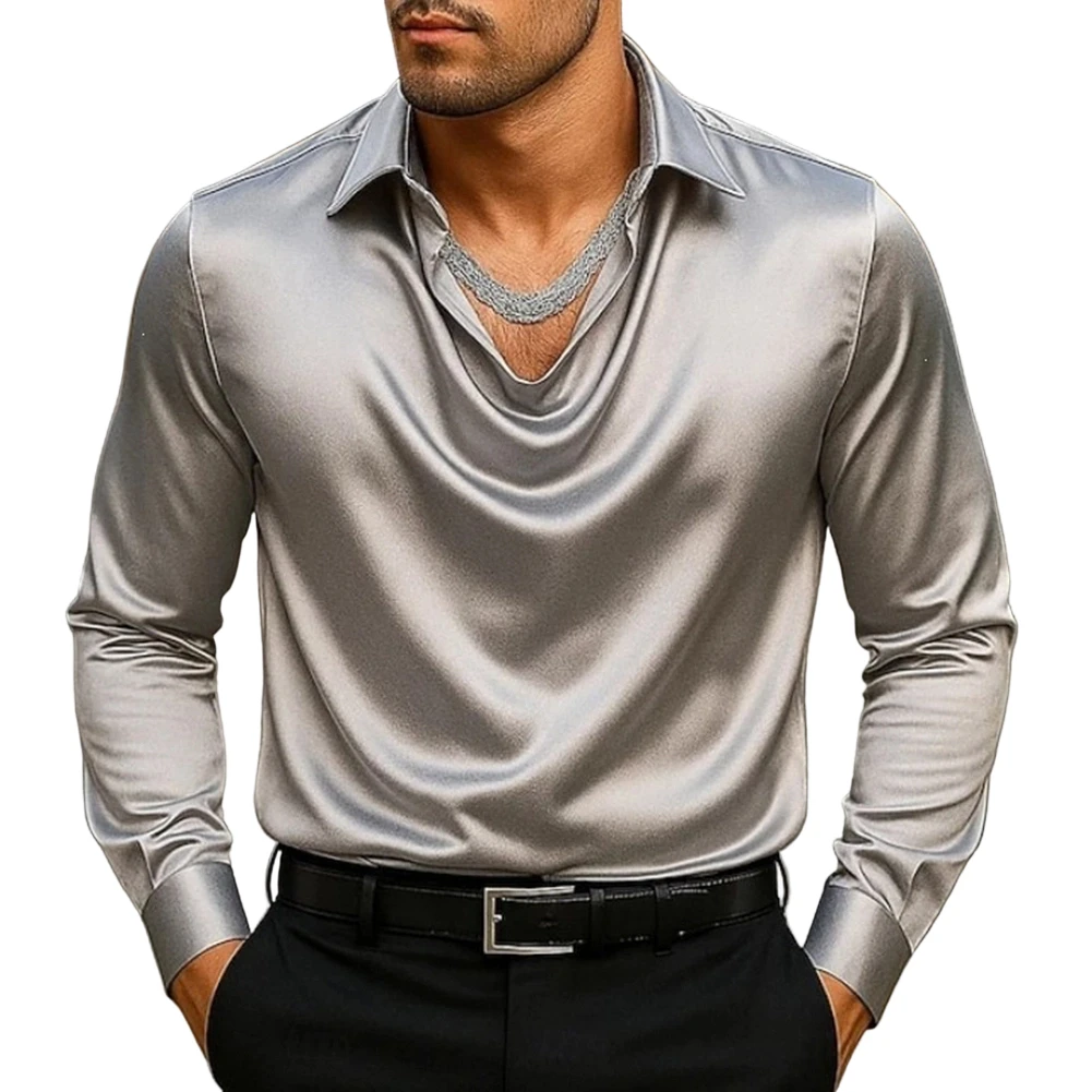 Mens Swing Collar Draped Shirts Blouses Satin Pullover Long Sleeve Casual Tops Collar Shirts Wedding Party Men Clothes