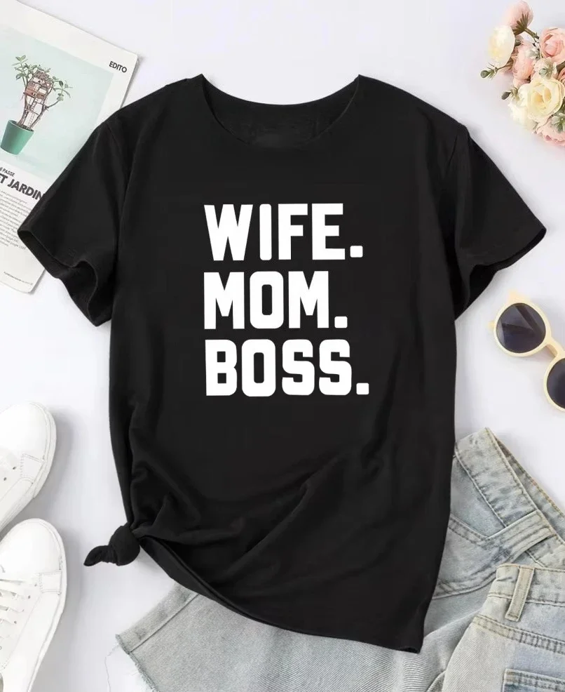 WIFE MOM BOSS Fun Letter Print Fashion Short Sleeves Free Delivery Shipping Clothes Woman Cheap Women's Clothing Summer Clothes