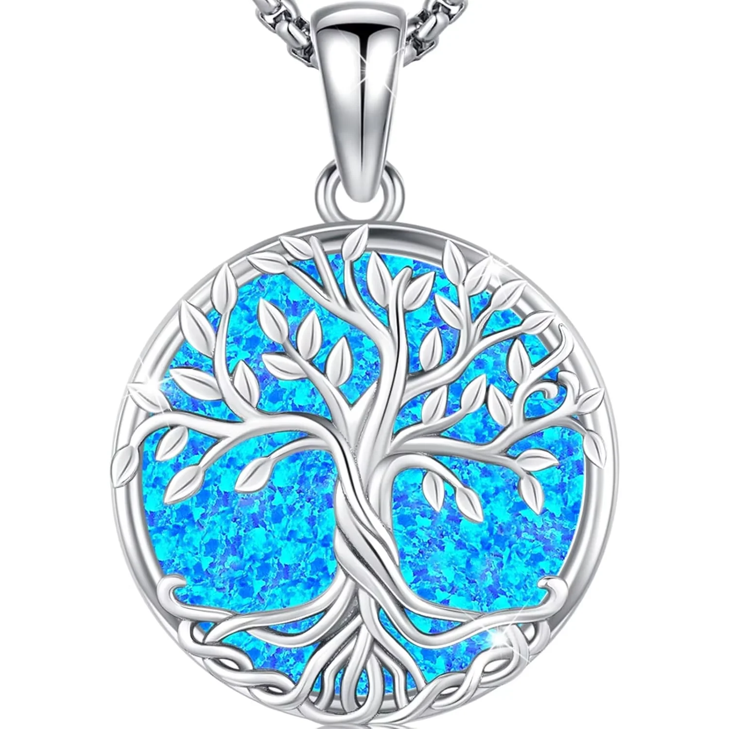 

925 Sterling Silver Tree of Life Necklace Pendant Blue Opal Celtic Knot Family Tree Jewelry for Men Women Father's Day Gift