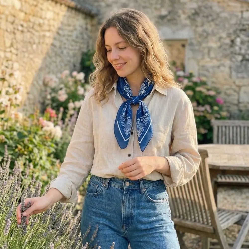 

Retro Cashew Small Square Scarf Floral Blue White Cotton Linen Print Scarves Korean Scarf Hair Band Printed Silk Scarf Vacation