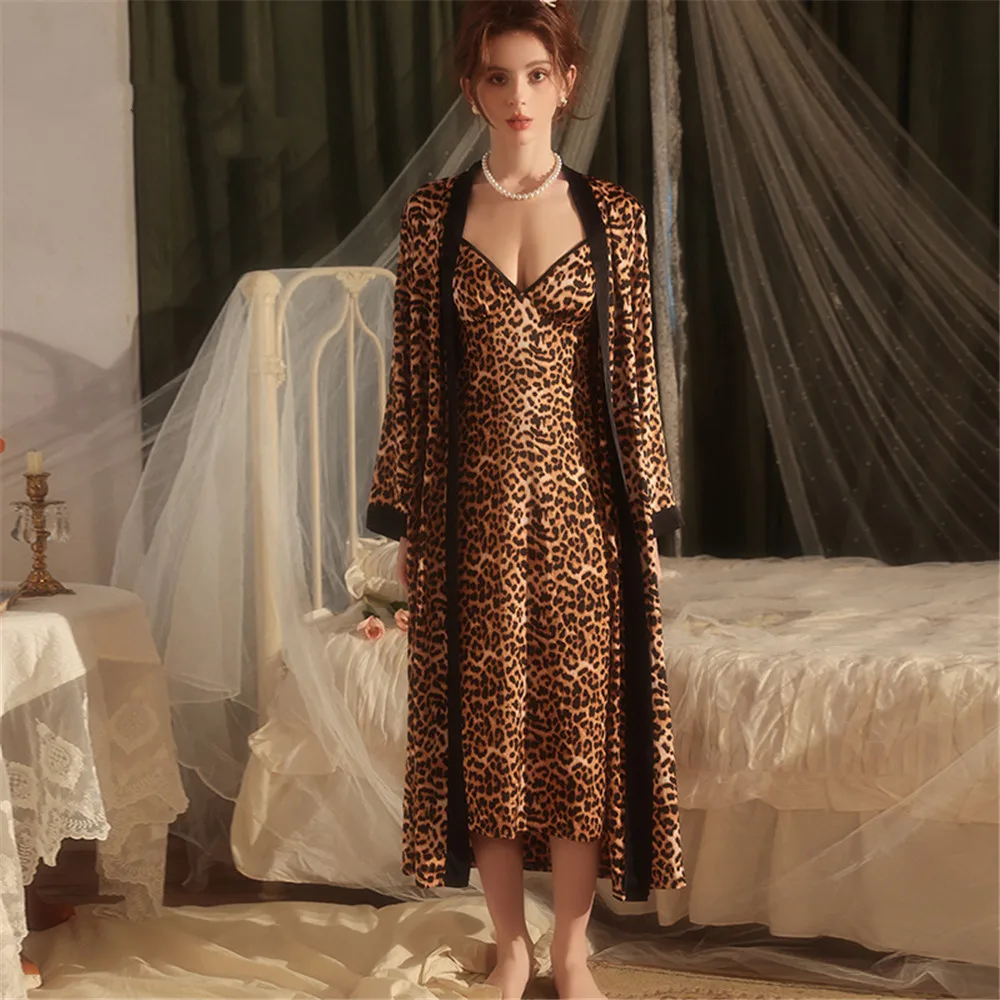 

Sexy Leopard Long Nighty Robe Set Nightgown Spring Autumn Female Sleepwear Suspender Nightdress Satin Homewear
