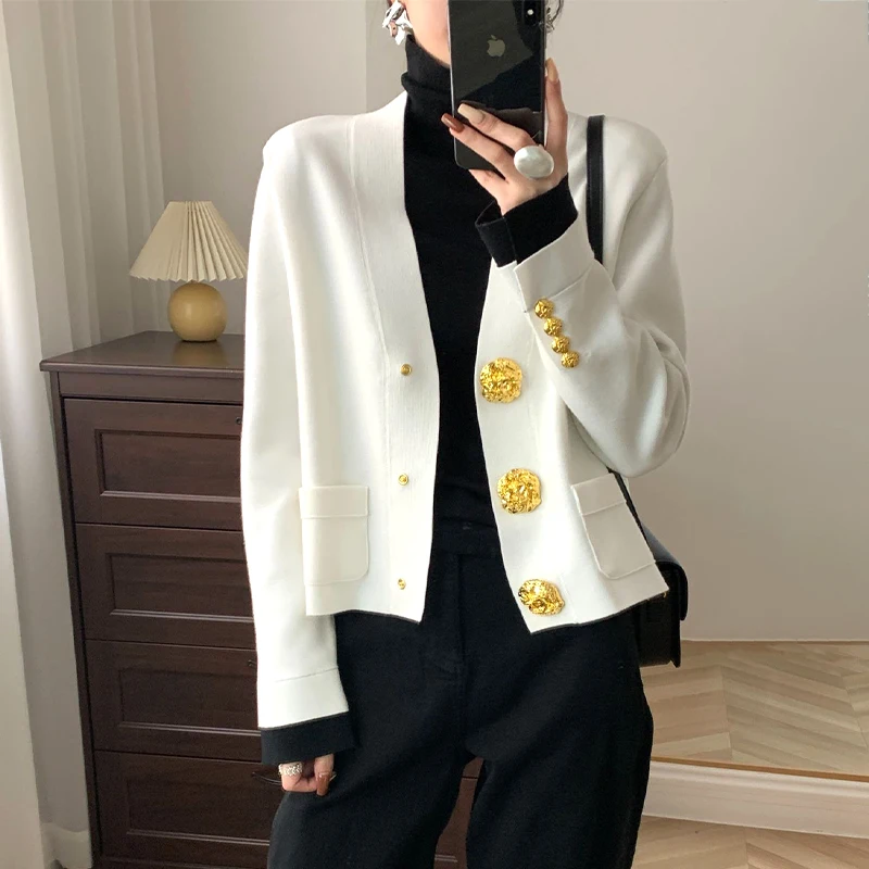 Luxury Designer Brand V-neck Knit Cardigan Sweater Coat Women Tops Fashion Elegant Chic 2024 Spring Autumn Clothing Y2k Clothes