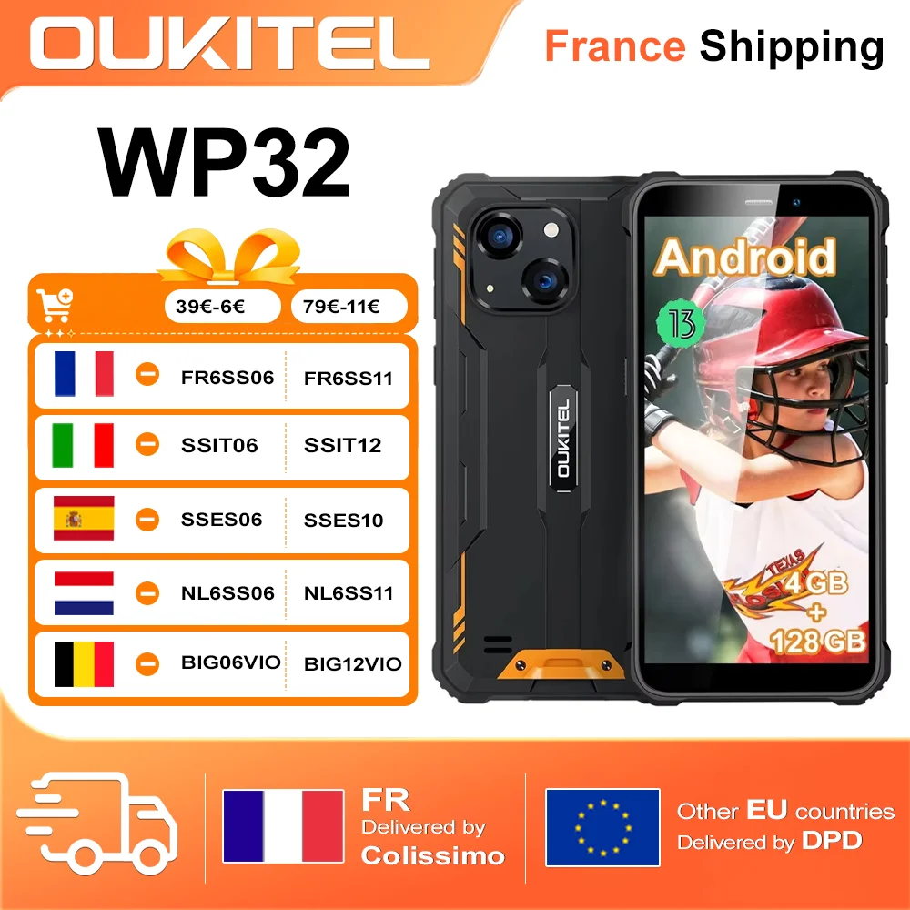OUKITEL WP32 4GB + 128GB 6.0 "HD + Android 13 Smartphone robuste 6300mAh 20MP déverrouiller l'empreintes digitales téléphone portable GPS