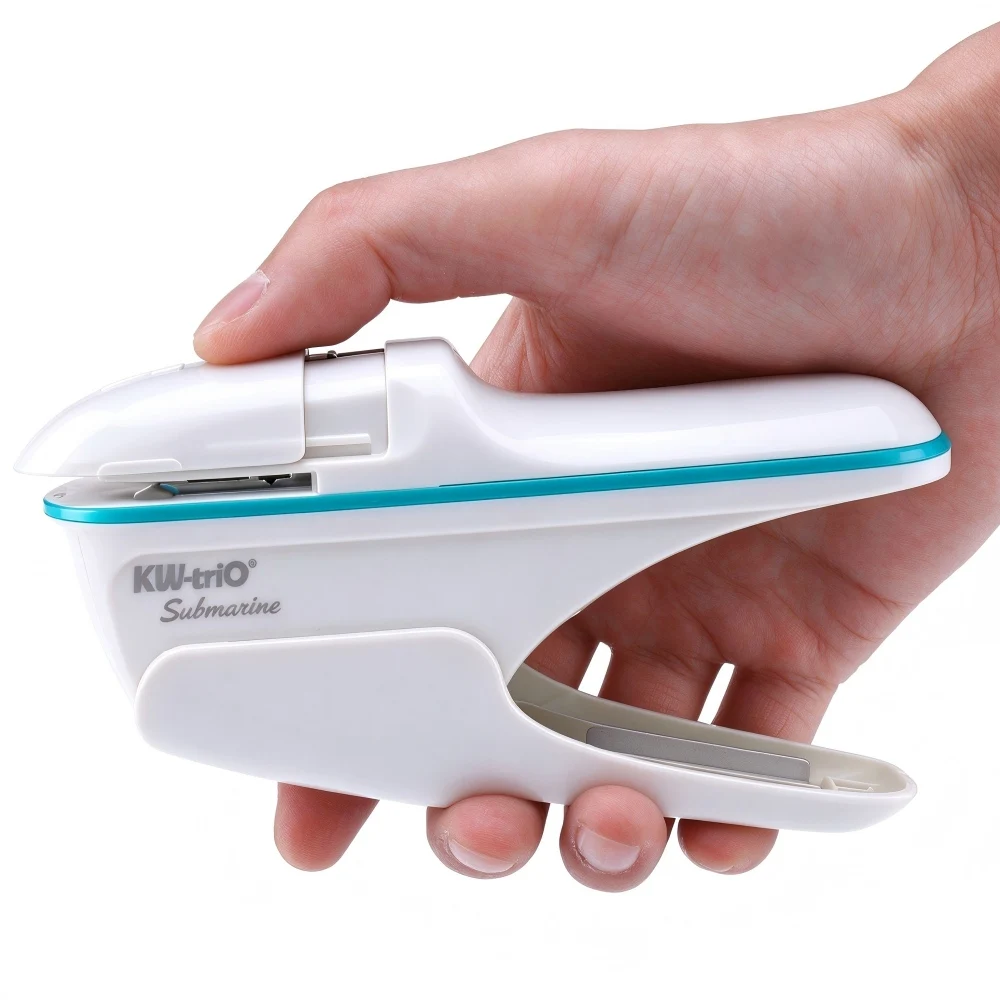Needleless Stapler, White with Blue Trim, Portable Handheld, Practical Mini Binding Supplies for Office and Student Use