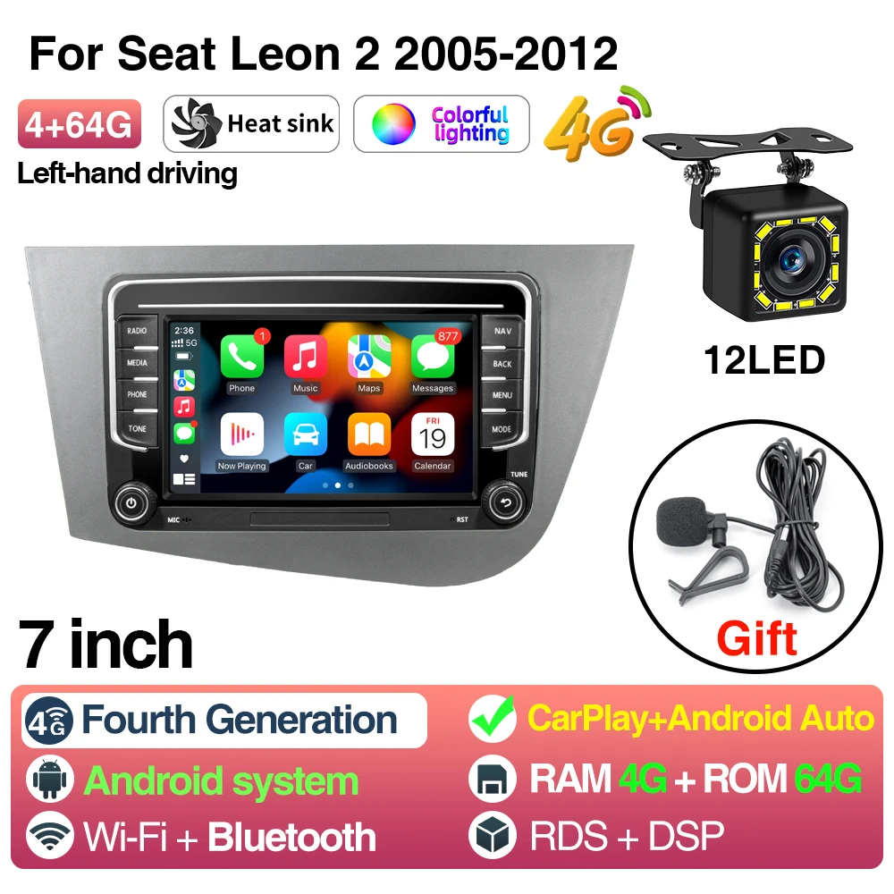 2Din Android 13 LHD Autoradio voor Seat Leon 2 MK2 2005-2012 Multimedia Speler Stereo draadloze Carplay GPS RDS 4G Head Unit