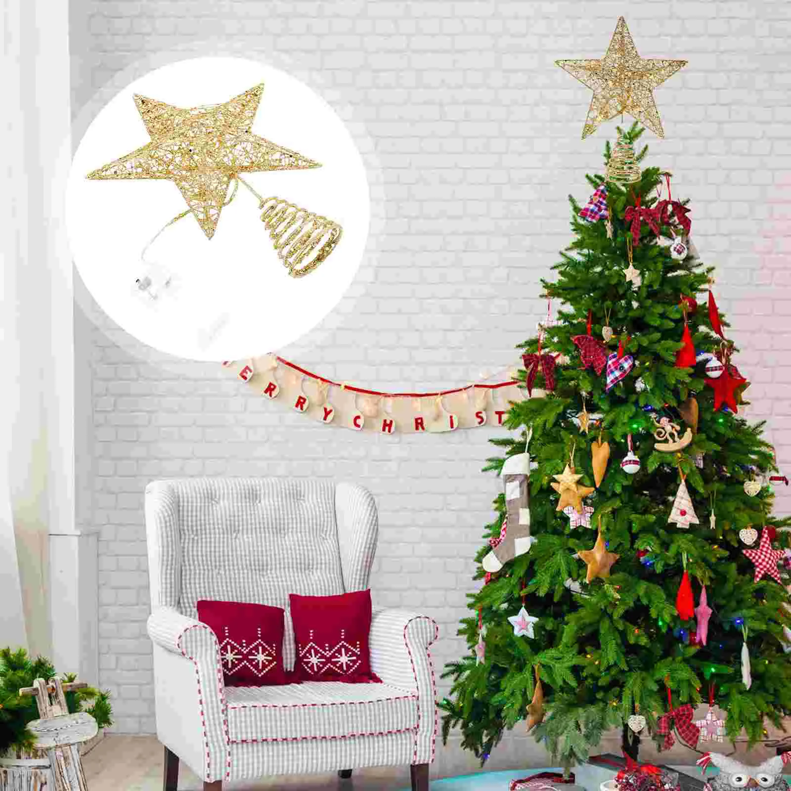 

Christmas Tree Top Star Xmas Five-pointed Light Decor Luminous Decorative Glowing Topper Adornment Party Supply Decorations