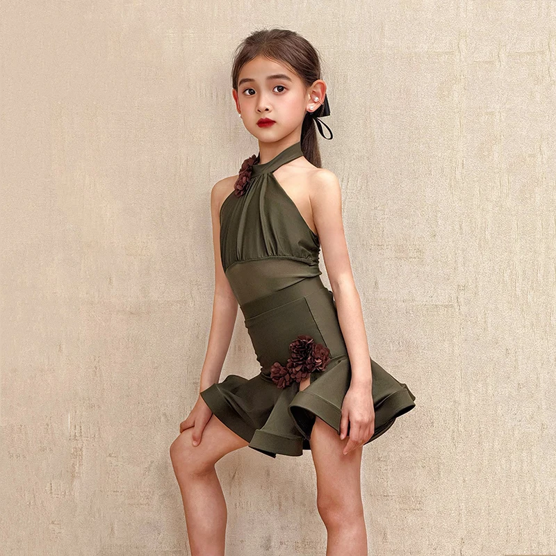 Sukienka na zawody tańca latynoamerykańskiego dla dziewcząt, bez rękawów, kostium do tańca latynoamerykańskiego, strój do tańca towarzyskiego dla dzieci, strój treningowy SL12506