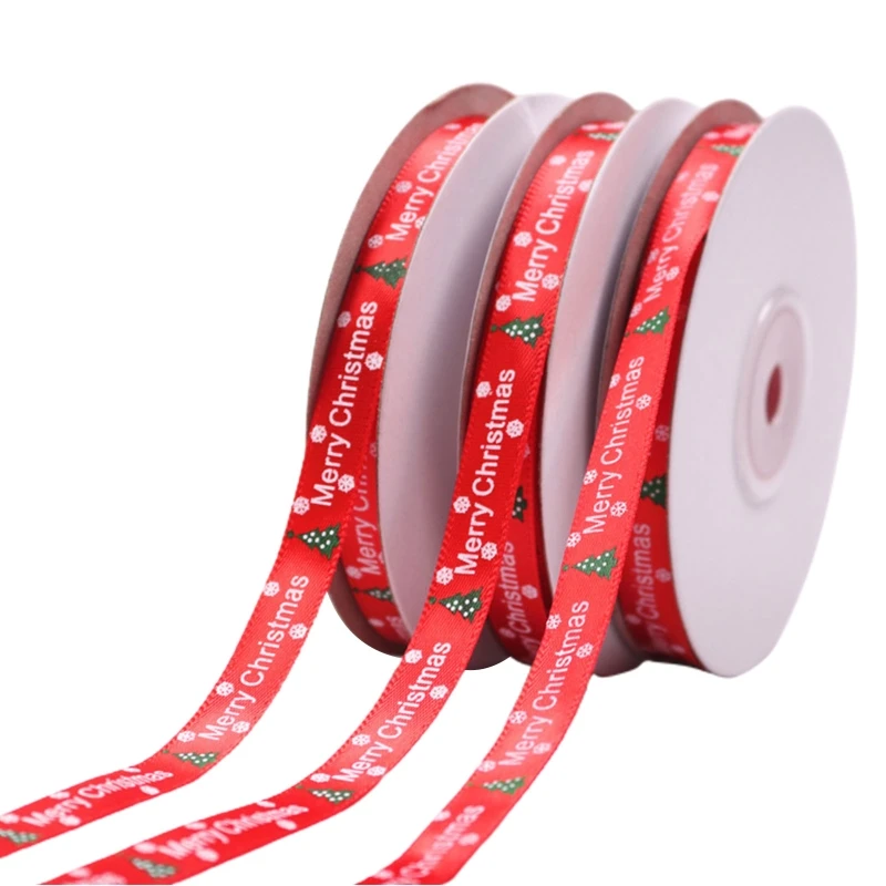 10 Rolls 25 Yards Christmas Tree Snowflake Printing Red Ribbon DIY Xmas Decor