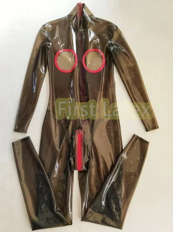 

Handmade Natural Latex Transparent Black Woman Catsuit Open Breast With Red Trims Back To Front zip Latex Fetish Lady's Bodysuit