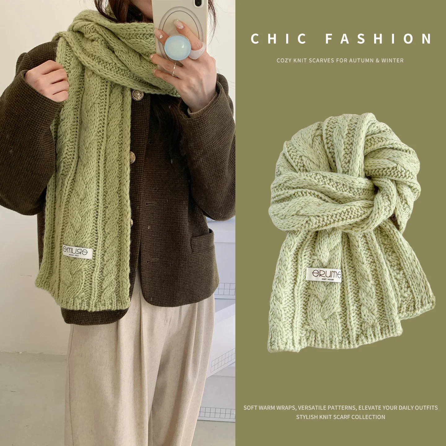 Korean Retro Twist Knitted Scarf Women's Autumn and Winter Thickened Warm Soft Waxy Wool Blended Scarf Versatile White Green