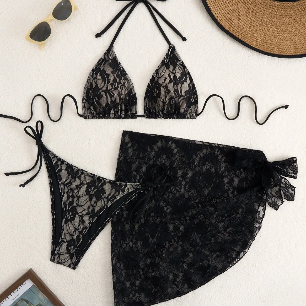 2025 new lace strap bikini three-piece set women's swimsuit beach swimsuit