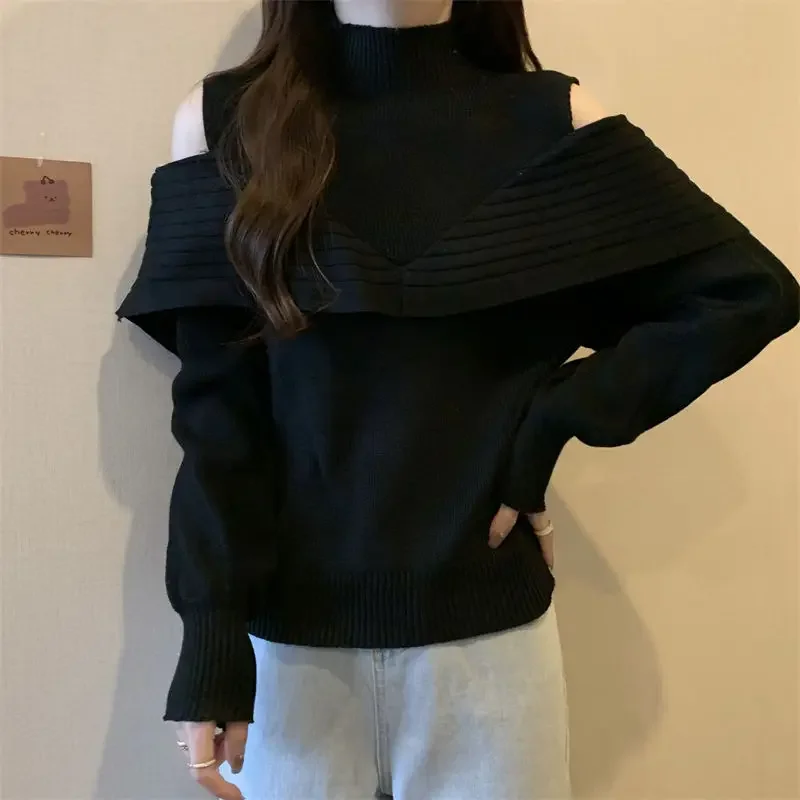 2026 Spring Autumn Korean Hollowed Out Black White Casual Sweet Sweater for Women Off-shoulder Top Long-sleeved Knitted Sweater
