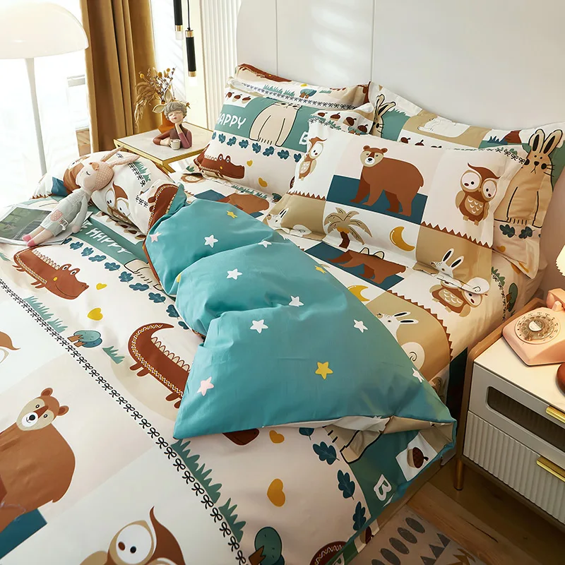 Cartoon Animal Moon Duvet Cover Soft Cotton Bedding Set,Rabbit Owl Trees Plaid Comforter Cover Reversible Printed Quilt Cover