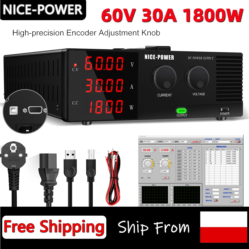 NICE-POWER 1800W High DC Laboratory Power Supply Adjustable 60V 30A Voltage Current Regulator Programmable Output Factory RS232