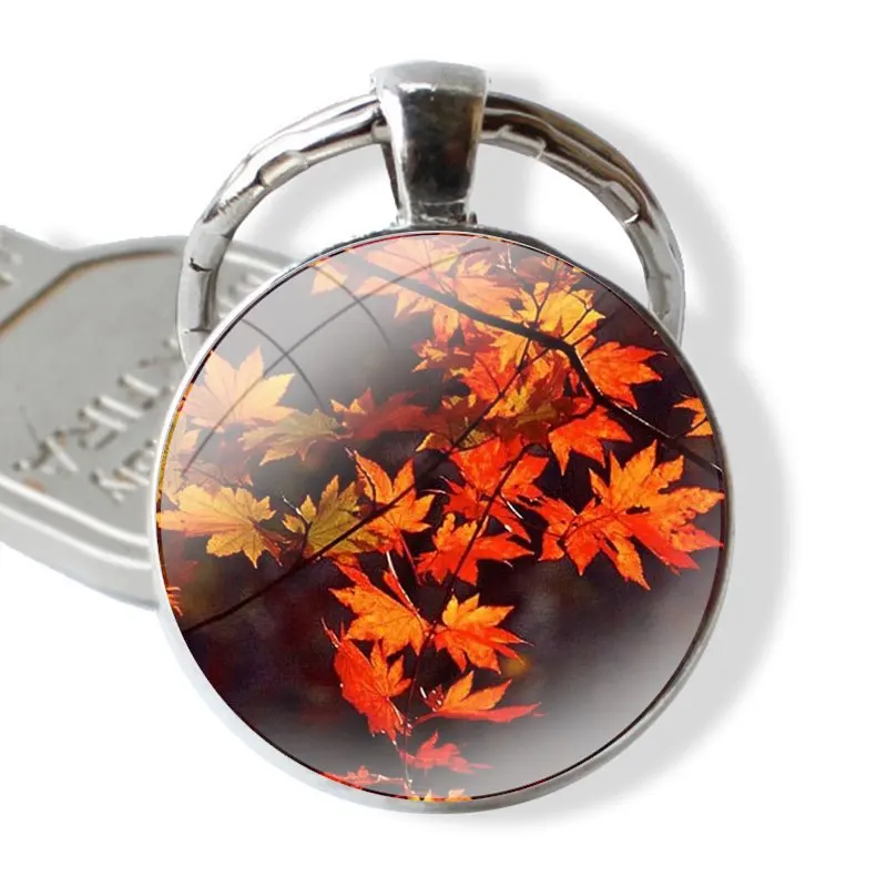 Keychain Handmade Glass Cabochon Key Ring Holder Pendant Key Chains Autumn fall Maple Leaves