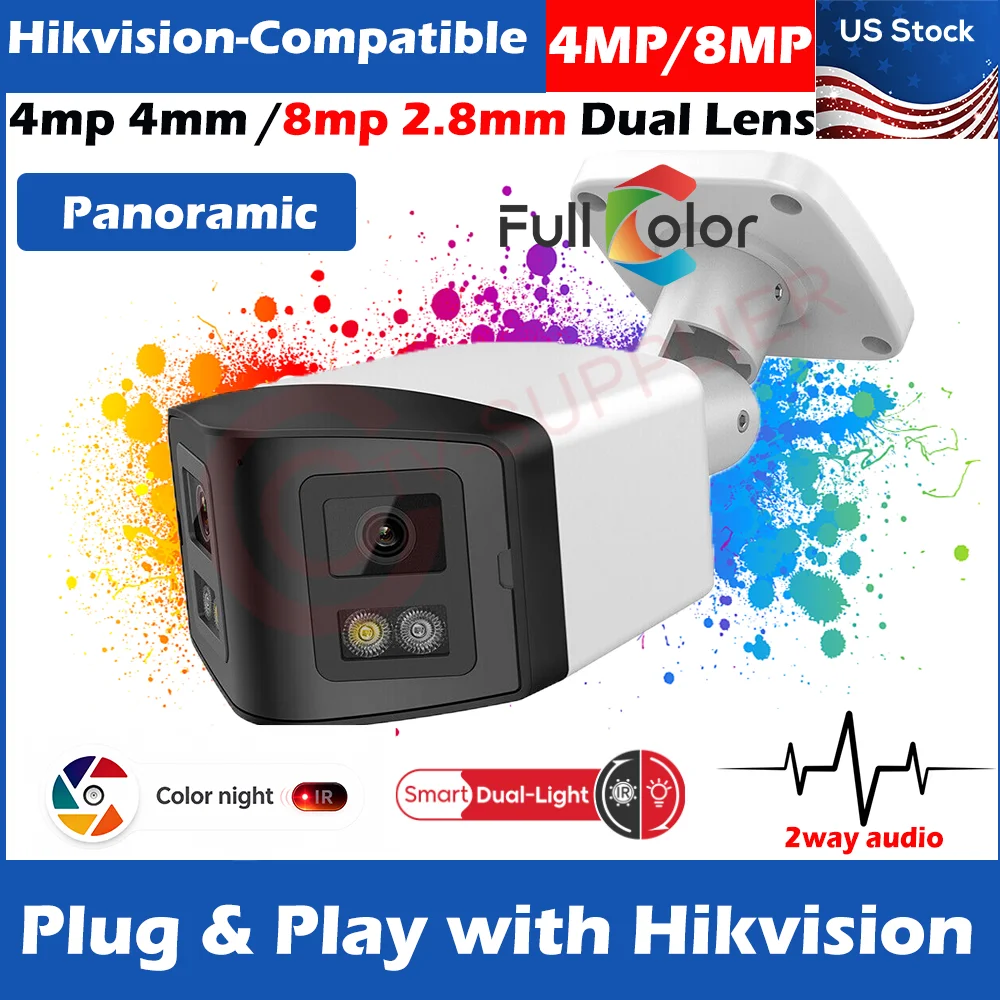 Hikvision-Compatible Onvif (8MP 2.8MM+4MP 4MM) Dual Lens Panoramic Hybrid Light two-way audio IP Camera Bullet