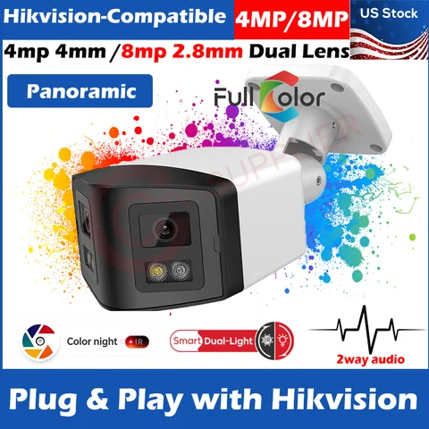 Hikvision-Compatible Onvif (8MP 2.8MM+4MP 4MM) Dual Lens Panoramic Hybrid Light two-way audio IP Camera Bullet