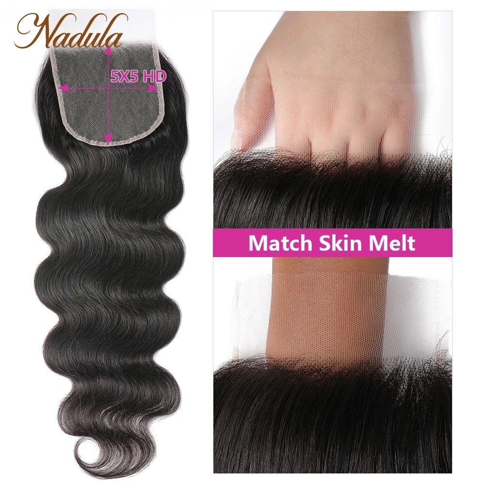 Nadula Hair 4X4ปิดลูกไม้ Brazilan Body Wave ผมสาน5X5 HD ปิดลูกไม้สีน้ำตาลกลาง Remy มนุษย์ผมปิด