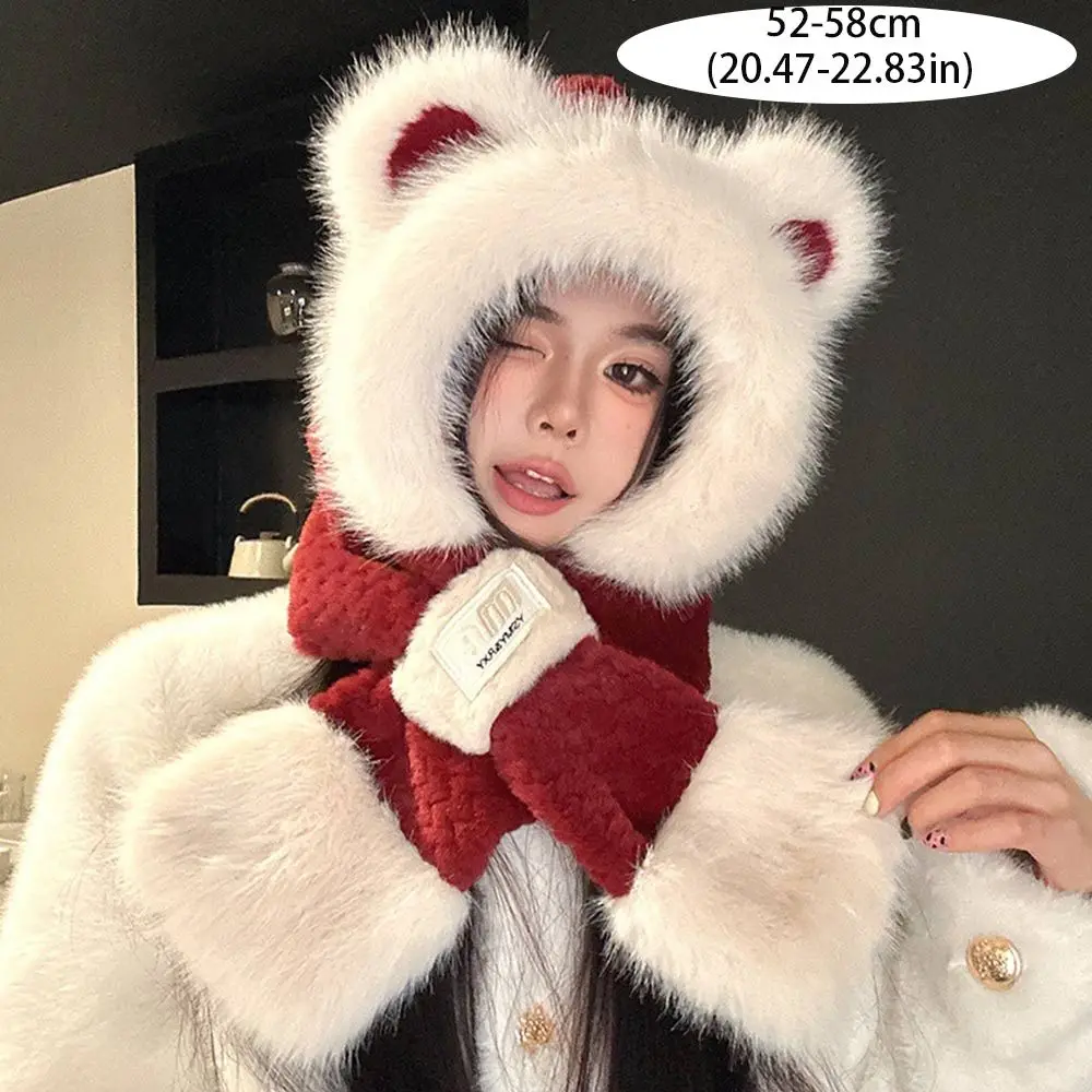 Gorro integrado de felpa bonito para invierno, bufanda cálida y gruesa con protección para los oídos, gorro informal a prueba de viento, bufanda para mujer