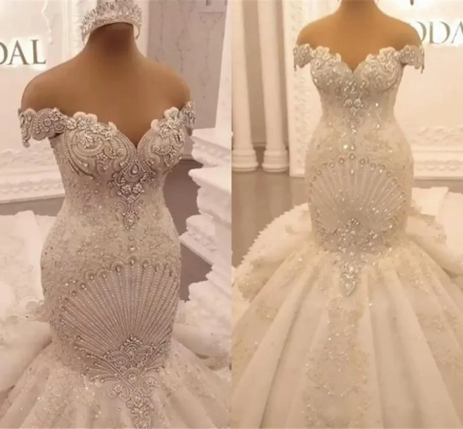 

Elegant Off-Shoulder Luxury Lace Mermaid Wedding Dress Crystal Backless Ruffles Arabic Dubai Bridal Gown 2026 Vestidos Noiva