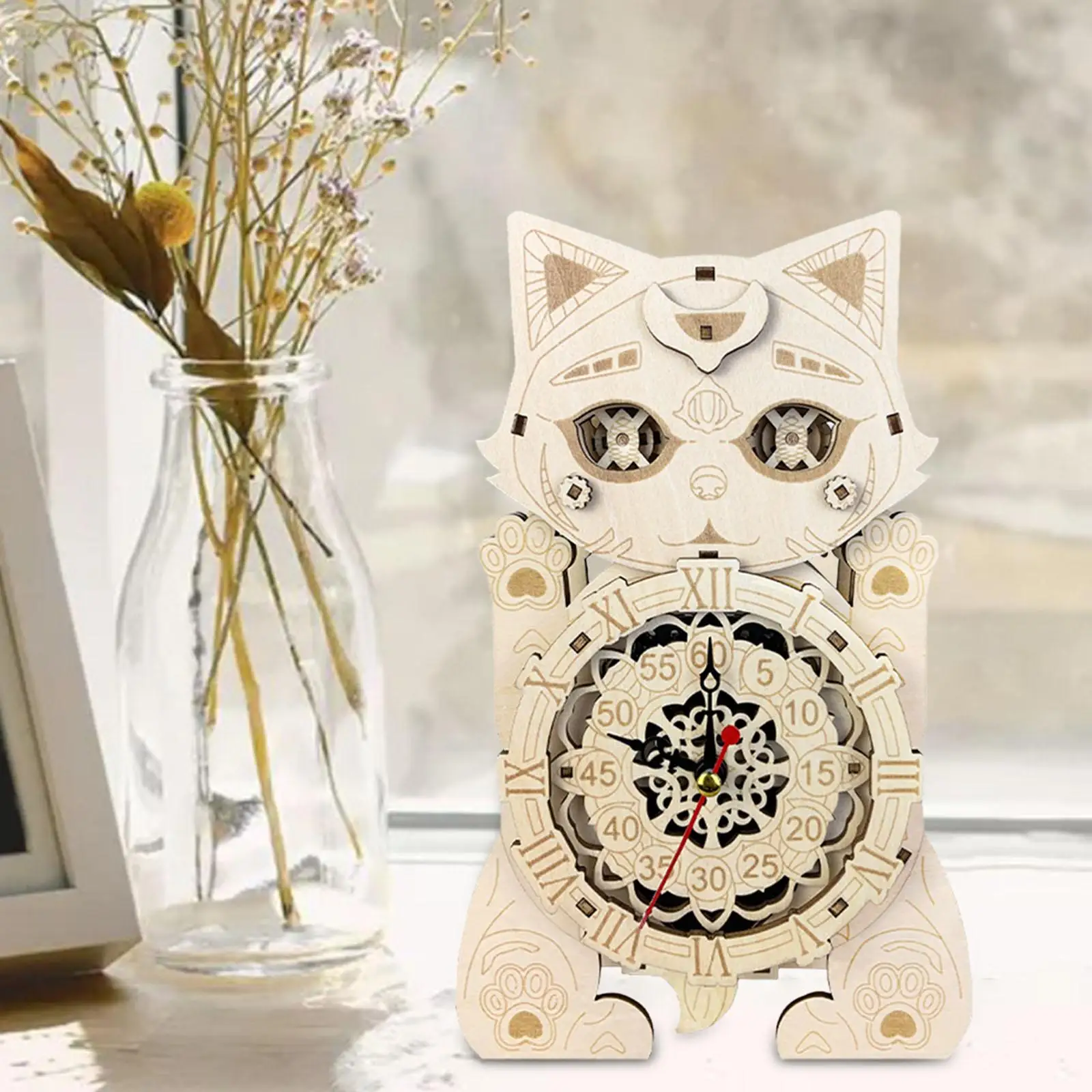 3D Wooden Puzzle Cat Clock Handicraft Creative Mechanical Sturdy Birthday Gift for Office Indoor Living Room Dining Room Adults