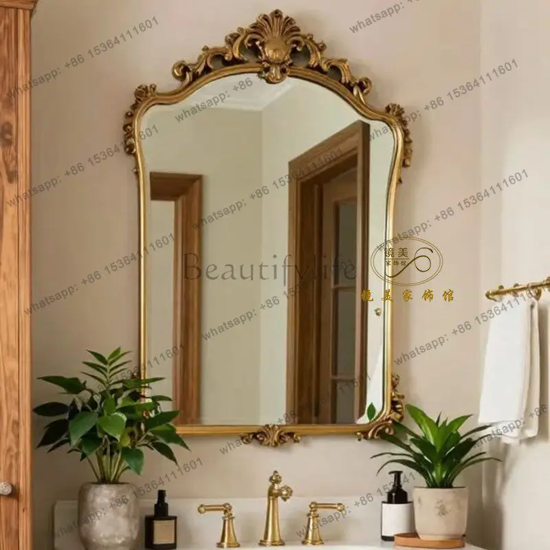 French retro wall-mounted bathroom special-shaped carved makeup mirror living room fireplace decorative mirror