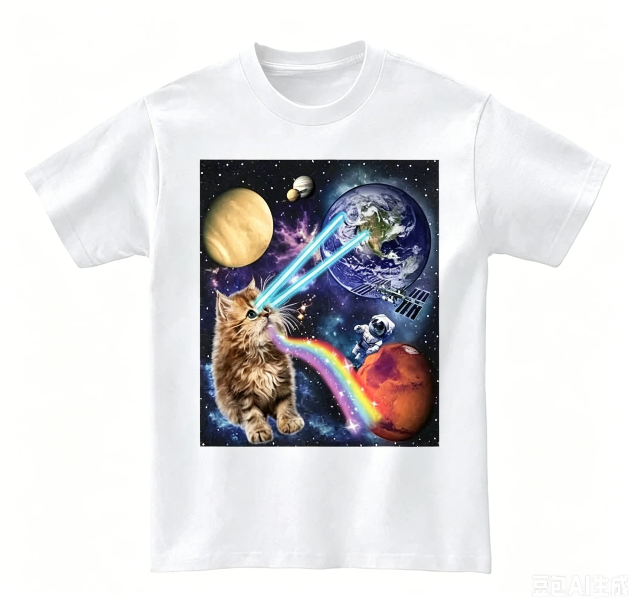 Fashion Fluffy Kitten Shooting Laser, Rainbow, Space Galaxy, Cat - Short Sleeve Unisex, Men, Women, Youth T-Shirt - PrintStarTee