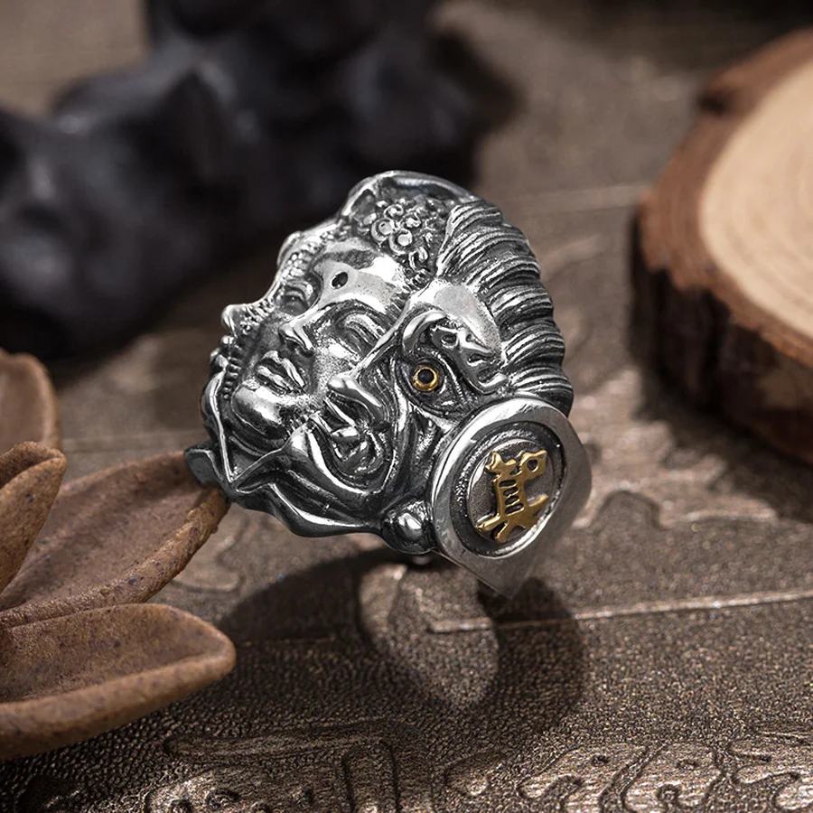 Vintage Buddhism Devil Face Rings for Men Women Exaggerated Hip Hop Rock Jewelry Gifts