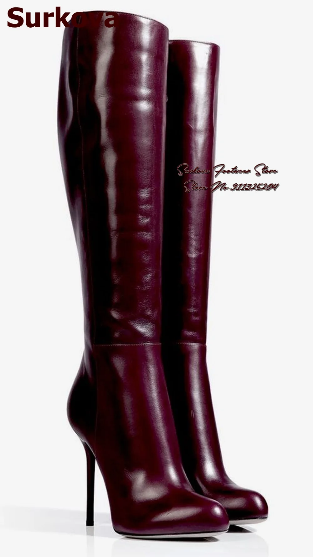 

Surkova Plum Color Matte Leather Knee Boots Women Stiletto Heel Slim Long Boots Fall Winter Black Burgundy Dress Shoes Size46