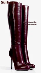 Surkova stivali al ginocchio in pelle opaca Color prugna donna tacco a spillo stivali lunghi Slim autunno inverno nero scarpe eleganti bordeaux taglia 46